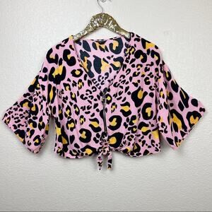 Topshop • Animal Print Zip-Up Tie Front V-Neck Crop Blouse